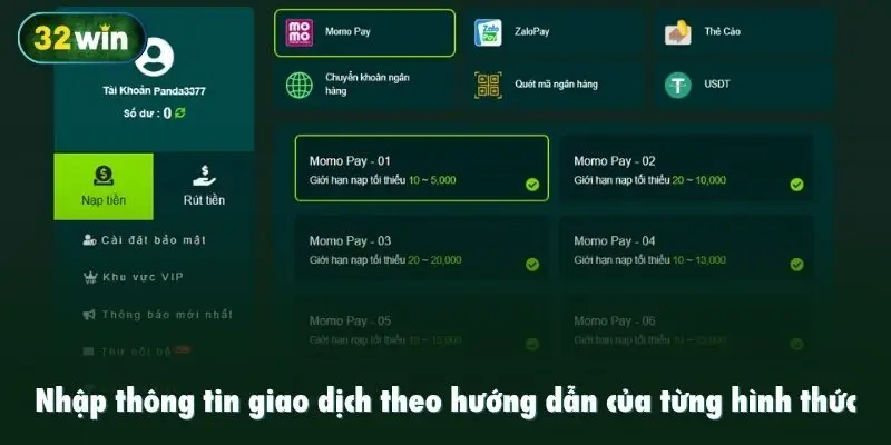 Nhập thông tin giao dịch theo hướng dẫn của từng hình thức